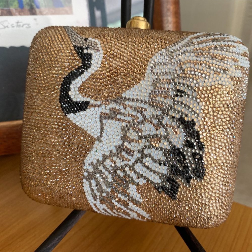 Hand Designed with Swarovski Crystals, hard covered evening clutch.